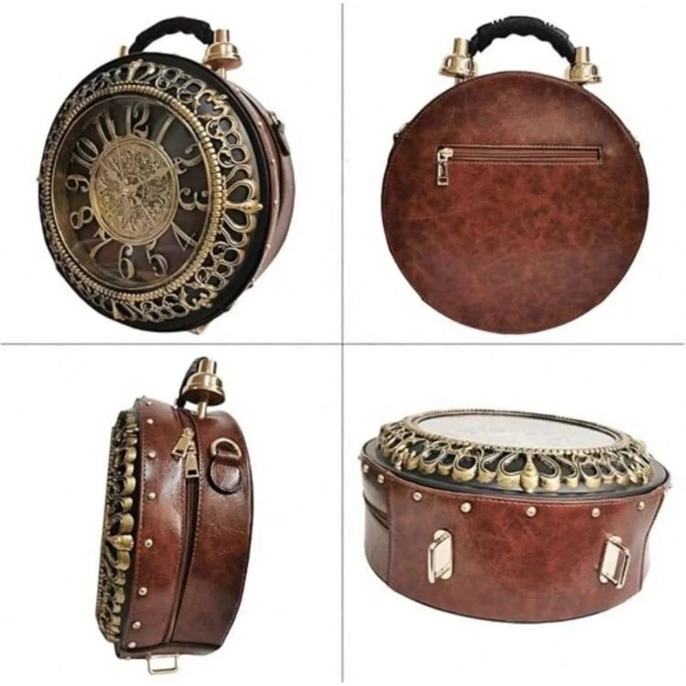Vintage‎ Steampunk Alarm Clock Crossbody Bag Brown Gold Filigree Round Purse